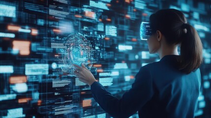 Fototapete - Businesswoman, navigating a maze of virtual documents, corporate setting, holographic tech display