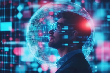 Aufkleber - Businessman in holographic bubble, workforce cybersecurity, futuristic tech vibes