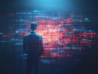 Poster - Businessman, digital fortress protection, glowing holographic security