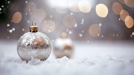 Poster - Silver christmas ball standing on snow with falling snowflakes and bokeh lights