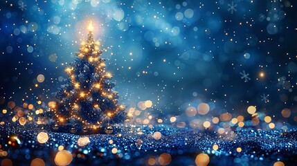 Poster - An up-close view of a geometric Christmas tree complete with snowflakes and sparkling lighting on a dark background plus plenty of foreground writing area, Generative AI.