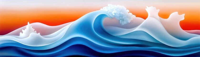 Wall Mural - stunning ocean waves in vibrant blue and white against an orange sunset gradient.