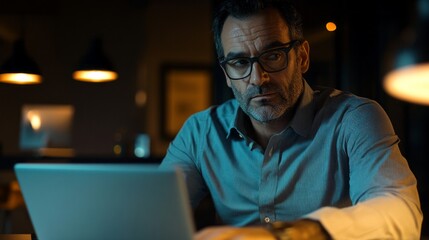 Aufkleber - A man is sitting at a table with a laptop in front of him