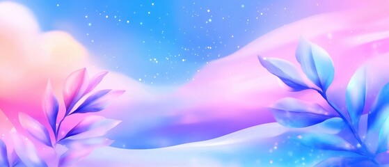 Wall Mural - A dreamy abstract pastel background with soft clouds and delicate leaves, perfect for artistic projects.
