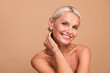 © deagreez - Photo of sweet adorable lady nude shoulders smiling white teeth empty space isolated beige color background
