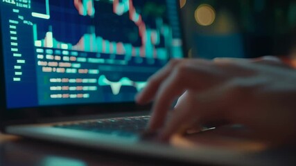 Poster - Close up of hand typing on laptop keyboard analyzing cryptocurrency bitcoin price chart, monitoring market fluctuations in evening