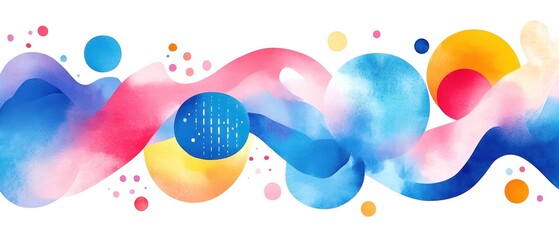 Wall Mural - Abstract colorful waves with circles in vibrant hues against a white background.