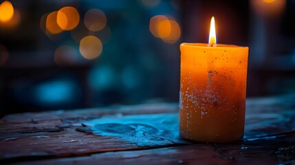 Wall Mural - A candle is lit on a wooden table