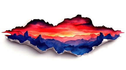 Wall Mural - watercolor mountains with vibrant sunset colors on a white background.