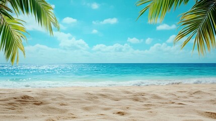 Wall Mural - Tropical beach scene with palm leaves, clear blue water, soft sand, and bright sky under a sunny day.