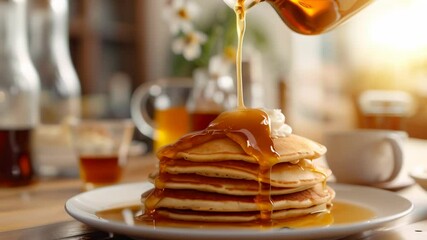Aufkleber - Maple syrup pouring from a glass pitcher onto a stack of pancakes topped with whipped cream, creating a sweet and delicious breakfast