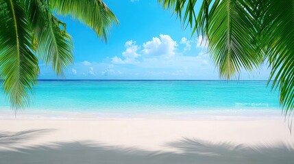 Wall Mural - Tropical beach paradise with palm trees and clear blue water under a bright sky.