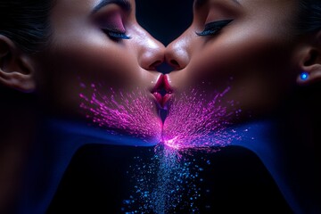 Poster - A digital kiss between two virtual avatars in a cyber world, surrounded by holographic lights and intense colors