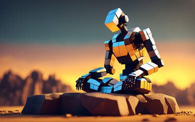 Poster - Pixelated voxel robot meditating atop a zen rock, surrounded by minimalist nature