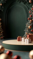 Aufkleber - Christmas gifts resting on a podium near a decorated christmas tree in an elegant green room