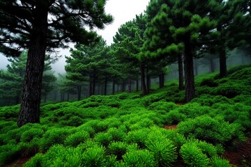 Poster - Foggy morning landscape in a dense forest, with soft light filtering through tall pine trees