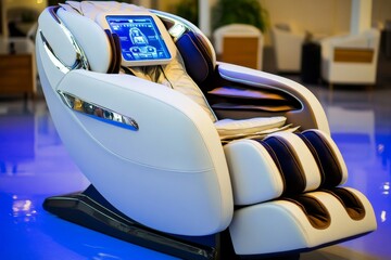 Fototapete - Futuristic massage chair with holographic controls, set in a sleek, high-tech room with soft blue lighting