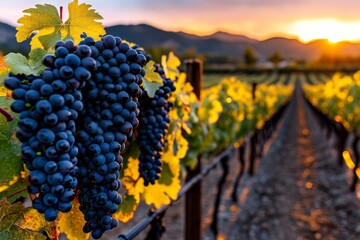 Poster - Landscape of a vineyard at sunset, with rows of grapevines and warm golden light illuminating the leaves