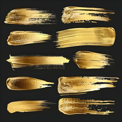 Poster - Set of gold brush strokes, vector elements isolated on a transparent background. Abstract hand-drawn gold oil paint texture for a design element