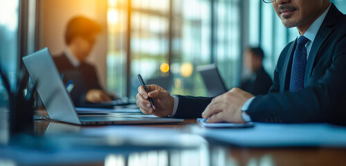 Poster - Asian Businessman and Colleague Collaborating on Laptop in Corporate Meeting Room