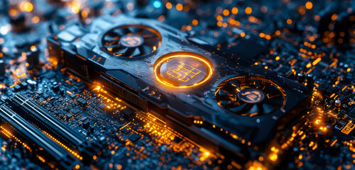 Poster - high performance graphics card for gaming and crypto mining on motherboard
