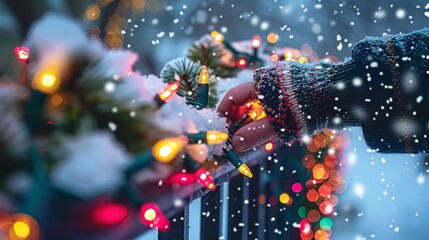 Poster - A close-up shows a person stringing Christmas lights in various colors across a snowy rooftop with plenty of room for text or backdrop, Generative AI.