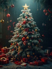 Wall Mural - decorated christmas tree with star on top