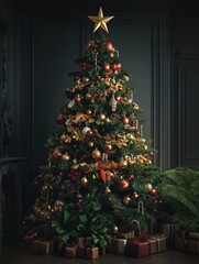 Wall Mural - decorated christmas tree with star on top