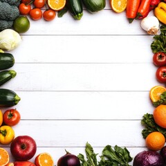 Wall Mural - A vibrant arrangement of fresh vegetables and fruits on a rustic wooden background, showcasing a colorful variety that promotes healthy eating.