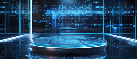 Fototapete - Futuristic Digital Interface with Glowing Circular Platform and Abstract Background in Blue Tones, Representing Technology and Innovation Concepts