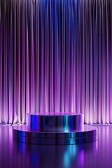 Poster - Elegant stage featuring a circular podium with soft purple and blue lighting, draped curtains creating a vibrant backdrop for events or performances showcasing style and creativity.