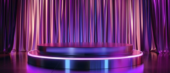 Poster - Vibrant stage setup with dynamic purple and pink curtains, ideal for performances, presentations, and artistic displays, creating an engaging and immersive atmosphere