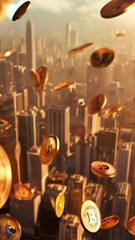 Poster - Many gold bitcoin cryptocurrency coins are falling from the sky over a generic golden city skyline at sunset, creating a dramatic and captivating scene