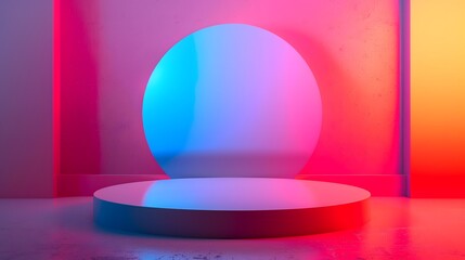 Poster - Modern Minimalist Scene Featuring Colorful Neon Lighting with Circular Elements and a Reflective Surface for Creative Design and Artistic Presentations