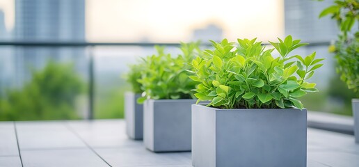 Canvas Print - Green plants in square pots on a patio.