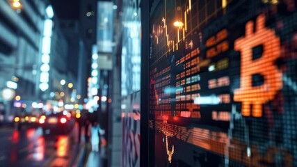 Aufkleber - Large outdoor cryptocurrency trading billboard displaying bitcoin symbol and financial market data at night in a futuristic city with blurred traffic