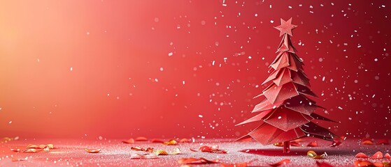 Poster - A detailed view of featuring a large content area for writing a colorful paper Christmas tree with branches and snowflakes on a red backdrop, Generative AI.