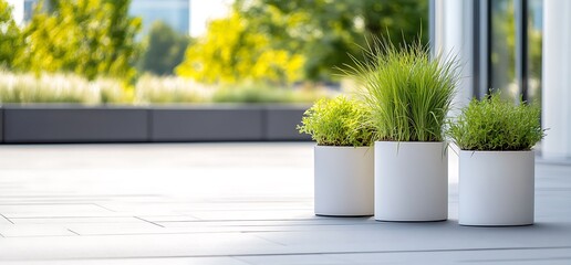 Canvas Print - Three potted plants on a patio with a blurred background of green trees and a modern building.