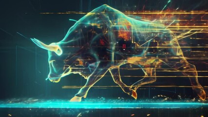 Poster - Energetic holographic bull charging forward, symbolizing a bullish market trend in stocks, cryptocurrency, or finance, with glowing lines and particles, against a dark background