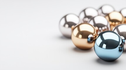 Poster - A close-up of metallic spheres in silver, gold, and blue arranged on a light background, creating an artistic and modern look.