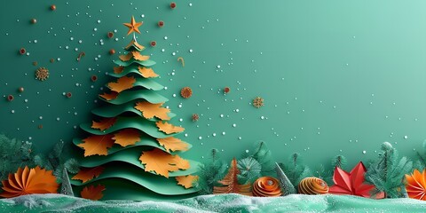 Poster - A detailed view of featuring a large content area for writing a colorful paper Christmas tree with branches and snowflakes on a green backdrop, Generative AI.