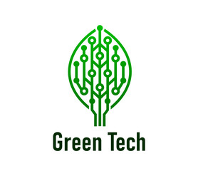 Leinwandbilder - Green tech icon for smart digital farm and eco green energy technology, vector emblem. Green tech company sign of leaf with digital circuit board for innovation, biotechnology and green energy