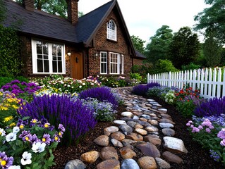 Wall Mural - A house with a white picket fence surrounded by flowers and rocks