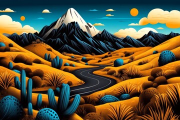 Poster - Retro-style illustration of a mountain landscape with bold, muted colors and simple shapes