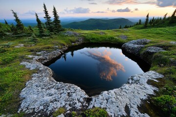 Aufkleber - Serene lake landscape at sunrise, with soft pink and orange light reflecting off still waters