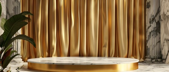 Poster - Elegant Stage Setting with Golden Drapes and Marble Platform Ideal for Presentations, Performances, and Celebratory Events in a Luxurious Atmosphere