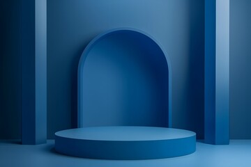 Poster - Abstract Blue Background with Rounded Arch and Platform for Display, Minimalist Design Ideal for Presentations, Art Displays, or Product Photography in a Studio Setting