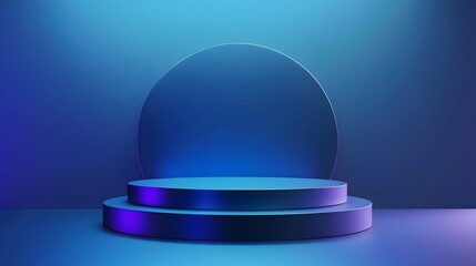 Poster - Modern showcase stage design with circular backdrop and ambient lighting, perfect for product presentations and artistic displays in vibrant blue and purple hues
