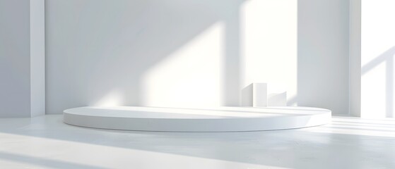 Poster - Minimalistic White Studio Space with Soft Natural Light and Abstract Geometric Shapes Ideal for Product Photography and Creative Presentations