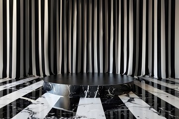 Poster - Stylish Minimalist Stage with Black and White Stripes and Marble Flooring Ideal for Fashion Shows, Events, Presentations, and Artistic Performances in Modern Settings